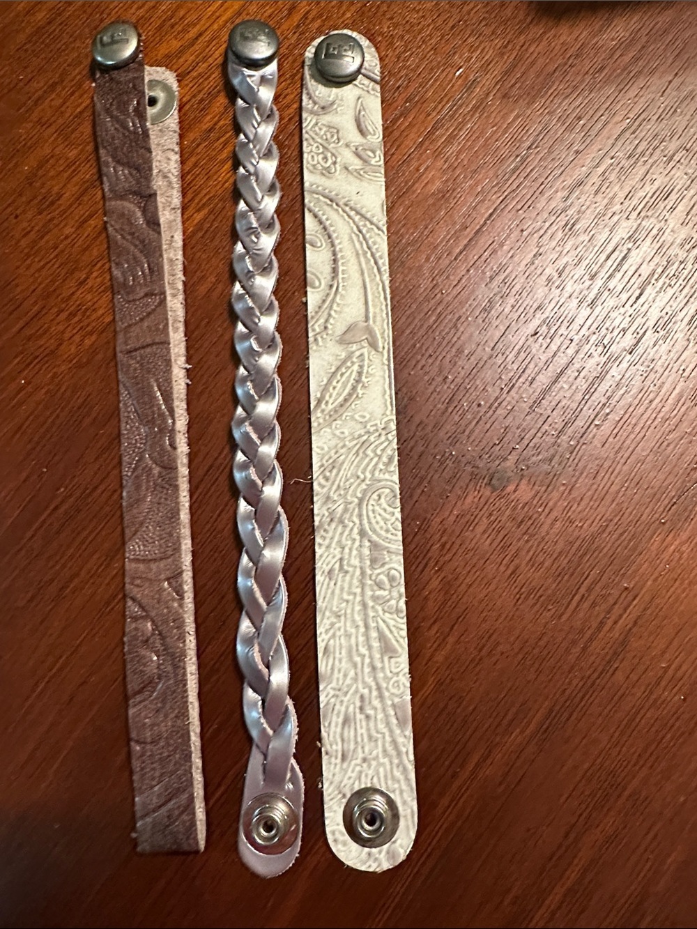 Trio of Leather Western Bracelets in Brown, Cream, Silver